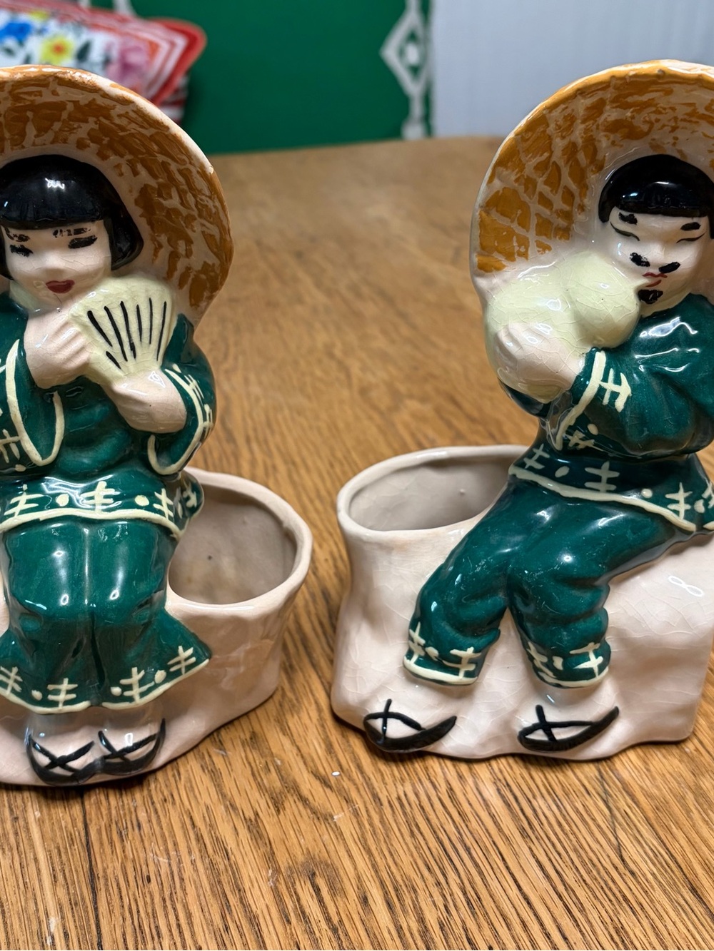 Source Unknown Green and Tan Ceramic Figurine Planter Pair